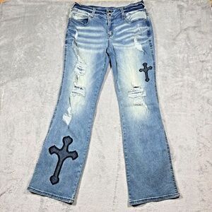 Flamingo Women XL Blue Denim Cross Patch Bootcut Jeans Distressed Y2K Grunge